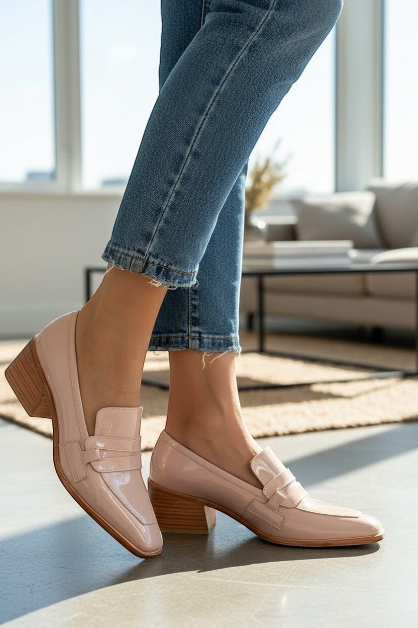 ZOFIA ATELIER blush patent leather square toe loafers with block heel and strap detail.