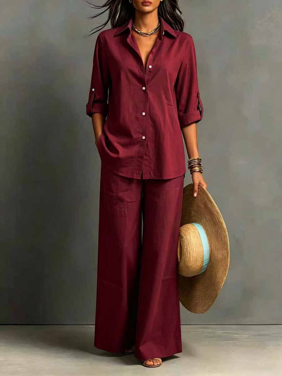 ZOFIA ATELIER Ines Bohemian resort set in deep red cotton, featuring a collared shirt with roll-up sleeves and wide-leg full-length pants.