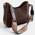 ZOFIA ATELIER Agnieszka retro crossbody bag in brown corduroy with patchwork stitching and patterned strap.