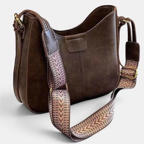 ZOFIA ATELIER Agnieszka retro crossbody bag in brown corduroy with patchwork stitching and patterned strap.