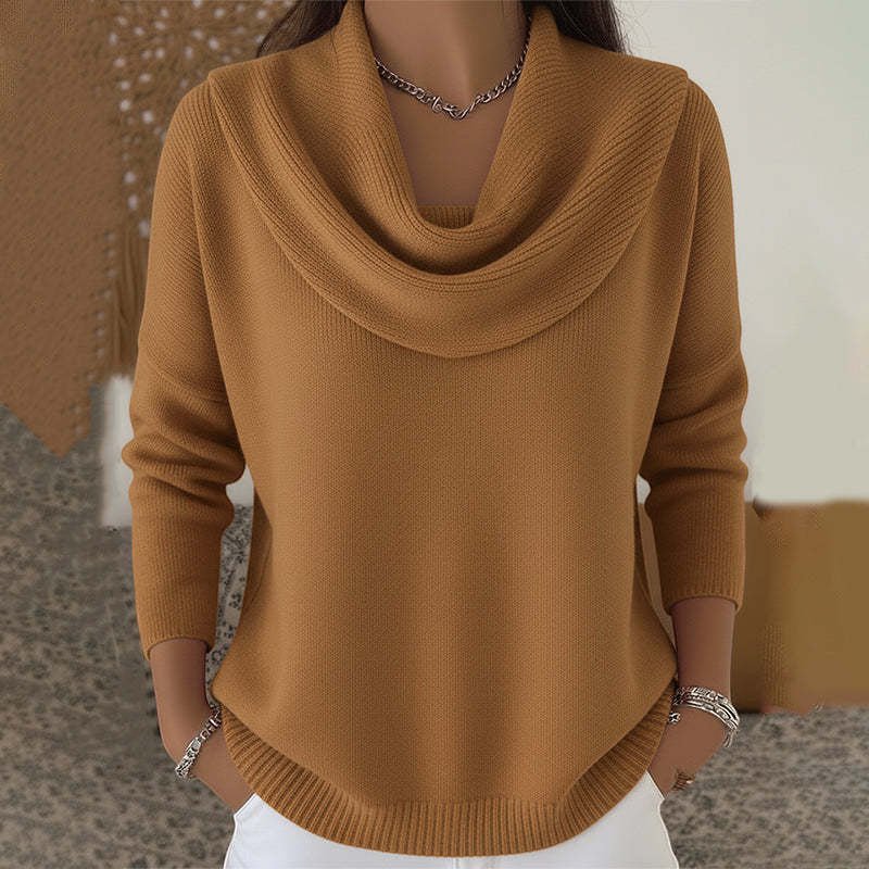 ZOFIA ATELIER solid brown cowl neck long sleeve polyester sweater with a loose fit.