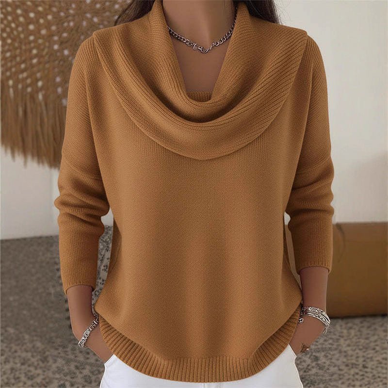 ZOFIA ATELIER solid brown cowl neck long sleeve polyester sweater with loose fit