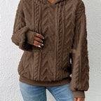 ZOFIA ATELIER brown geometric embossed flannel hooded coat with drawstring and ribbed cuffs.