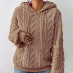 ZOFIA ATELIER brown plush flannel hooded coat with geometric pattern and drawstring closure.