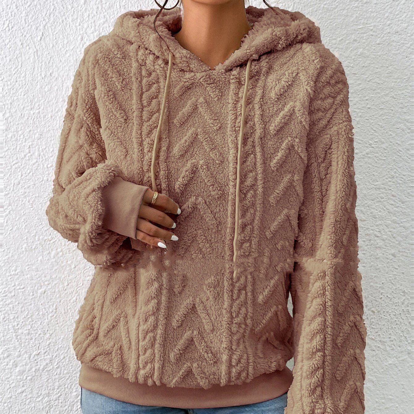 ZOFIA ATELIER brown plush flannel hooded coat with geometric pattern and drawstring closure.