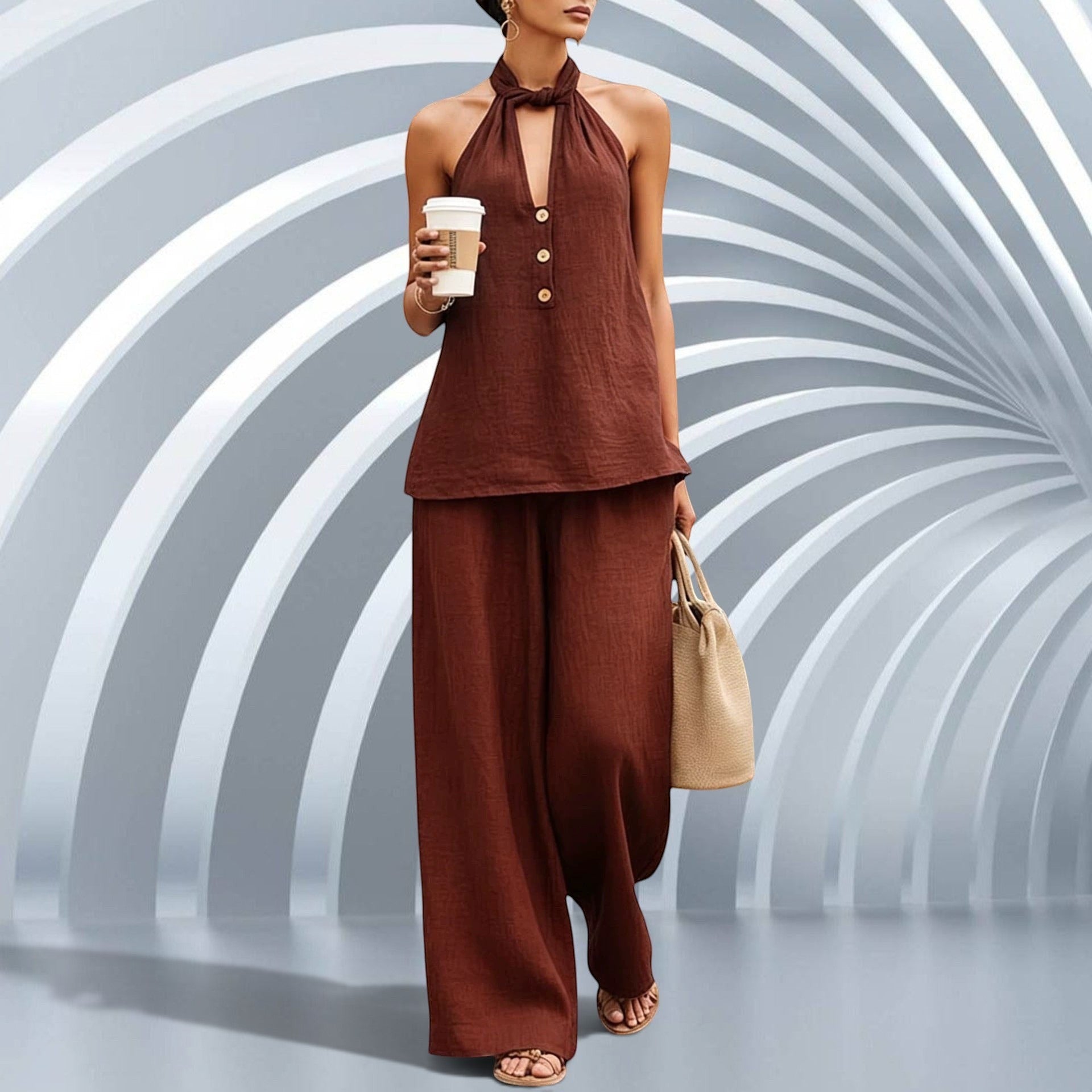 ZOFIA ATELIER brown polyester V-neck halter top and wide-leg pants set with button details.