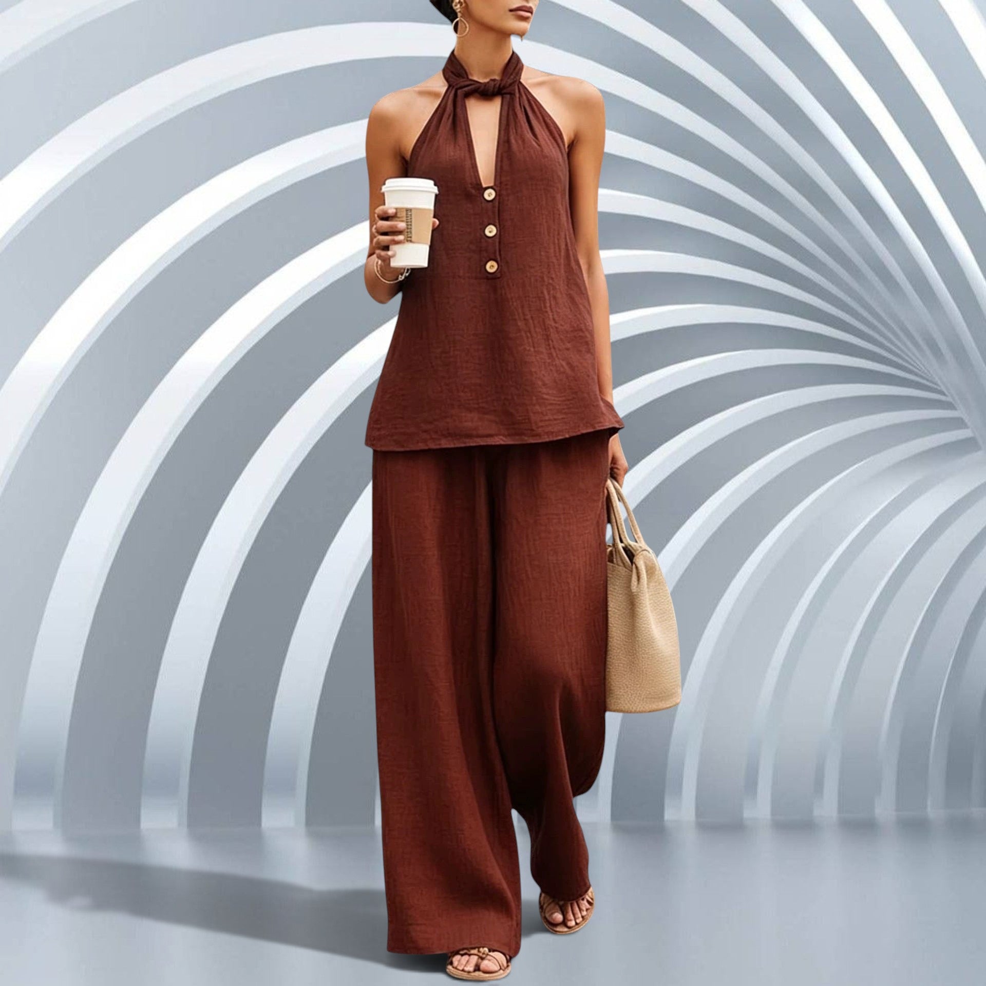 ZOFIA ATELIER brown polyester V-neck halter top and wide-leg pants set with button details.