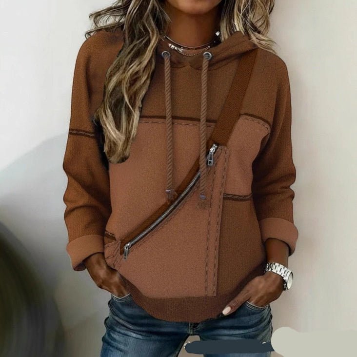 ZOFIA ATELIER brown polyester hooded top with long sleeves and a 3D effect print, featuring a diagonal zipper pocket.