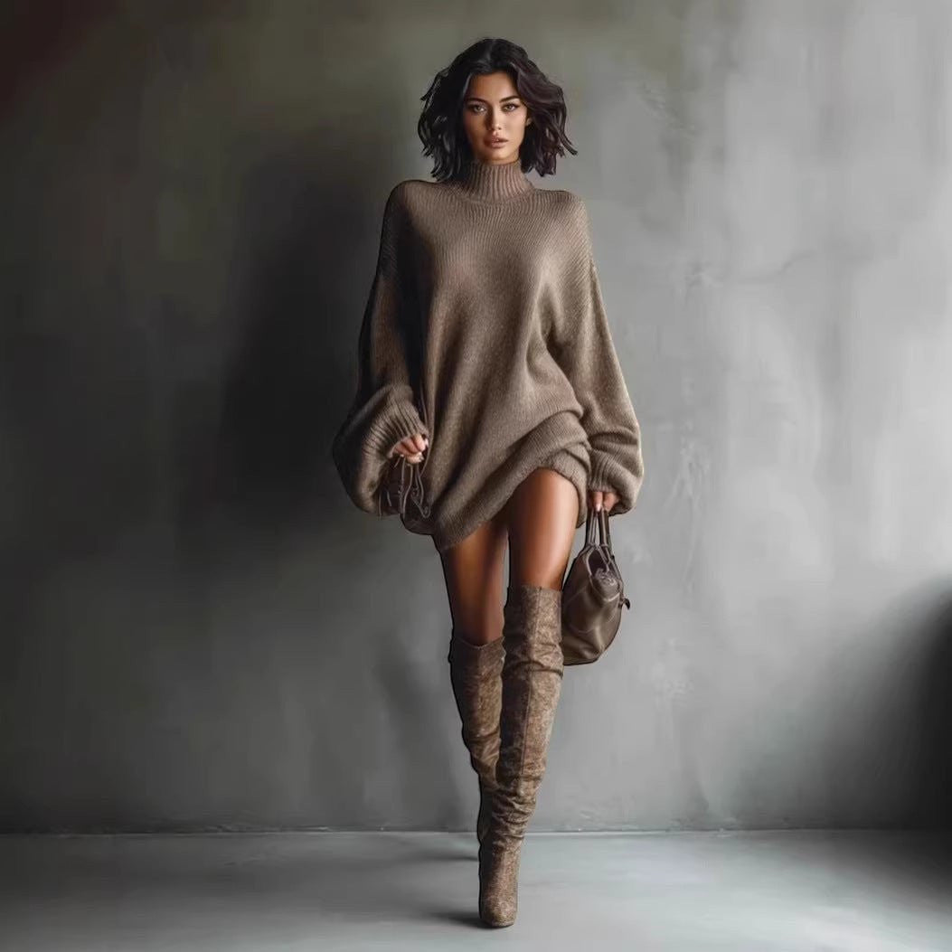 ZOFIA ATELIER brown knitted sweater dress with lantern sleeves and mock neck, worn with knee-high boots.
