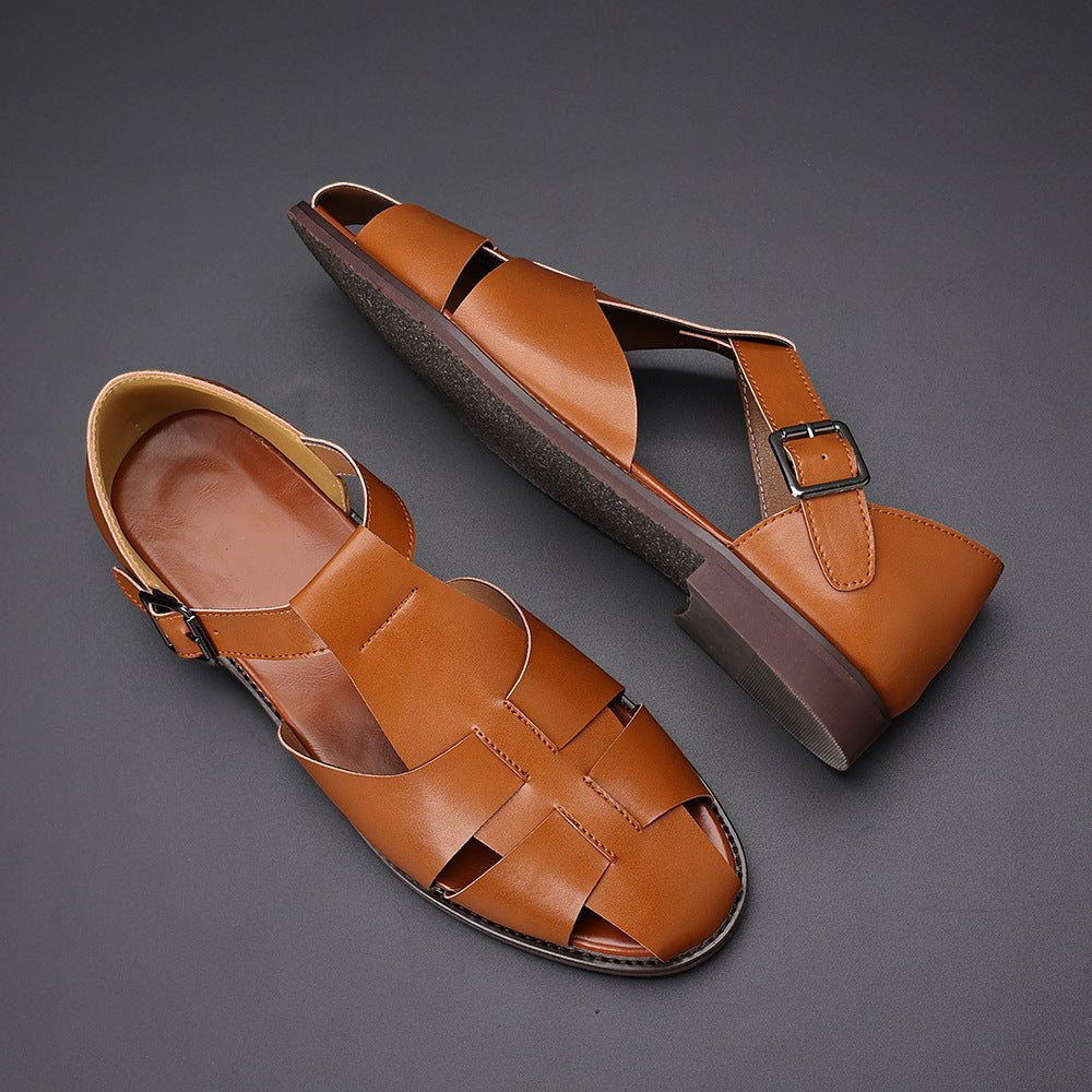 ZOFIA ATELIER brown leather fisherman sandals with buckle strap and woven toe detail.
