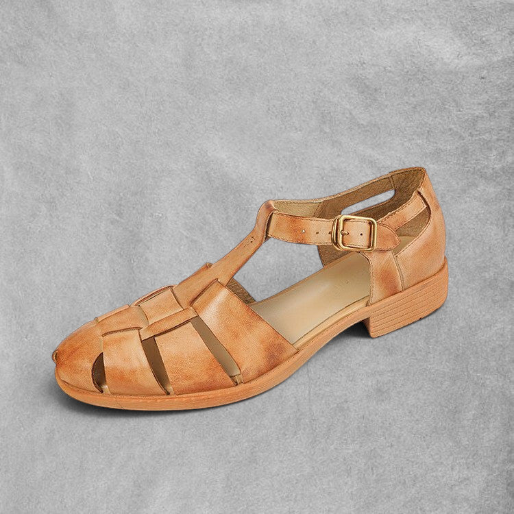 ZOFIA ATELIER brown genuine leather retro Roman sandals with woven straps and buckle closure.