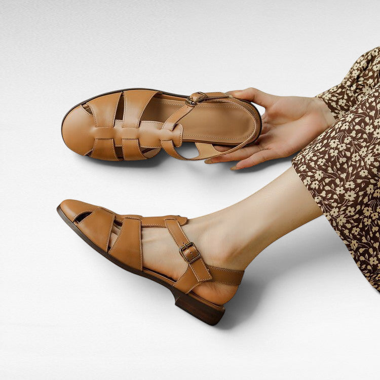 ZOFIA ATELIER brown leather retro Roman sandals with hollowed design and buckle strap