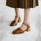 ZOFIA ATELIER brown leather square toe mid-heel shoes with ankle strap and woven detail