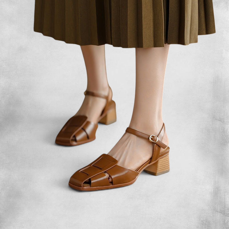 ZOFIA ATELIER brown leather square toe mid-heel shoes with ankle strap and woven detail