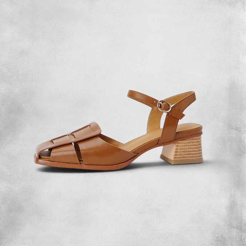 ZOFIA ATELIER brown leather square toe mid-heel sandals with ankle strap and woven heel detail