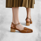 ZOFIA ATELIER brown leather square toe mid-heel sandals with ankle strap and woven detail