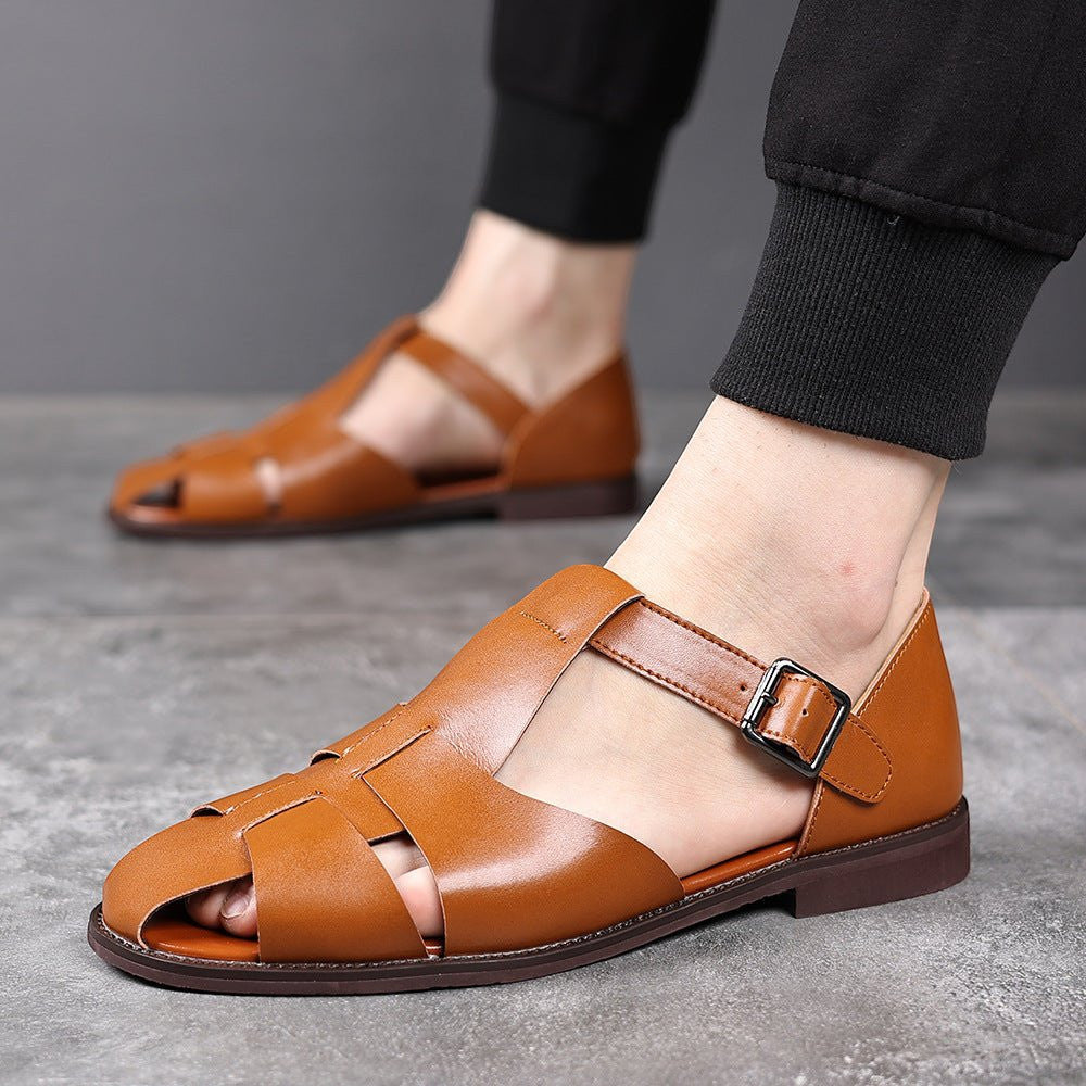 ZOFIA ATELIER brown leather woven casual sandals with buckle detail for men