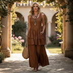 ZOFIA ATELIER flowing brown linen sleeveless long dress with tiered ruffles and relaxed fit.