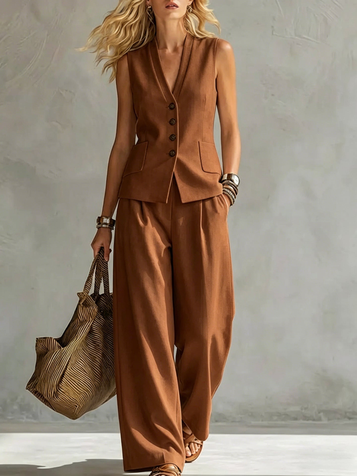 ZOFIA ATELIER brown linen blend sleeveless V-neck vest and wide-leg pants two-piece set.