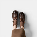 ZOFIA ATELIER brown PU leather vintage Mary Jane shoes with buckle strap and short stout heel.