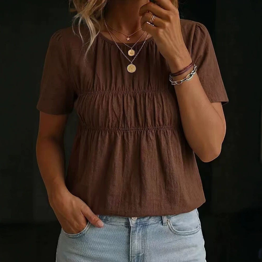 ZOFIA ATELIER brown cotton linen blend short-sleeve pleated top with crew neck