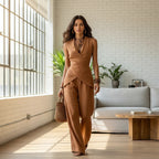 ZOFIA ATELIER brown polyester V-neck casual set with wide-leg trousers and a wrap-style top.