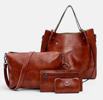 ZOFIA ATELIER brown PU leather 4-piece bag set with medium bucket tote, crossbody bag, zipper pouch, and cardholder.