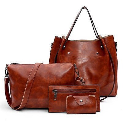 ZOFIA ATELIER brown PU leather 4-piece bag set with medium bucket tote, crossbody pouch, zipper wallet, and cardholder.