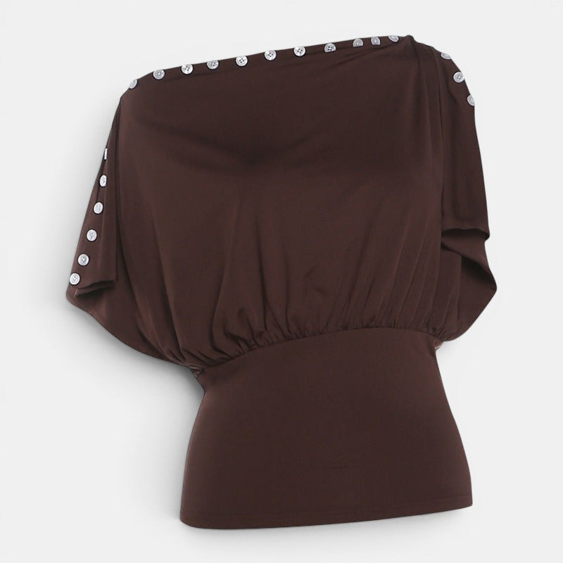 ZOFIA ATELIER warm brown sleeveless polyester top with button details and defined waistline.