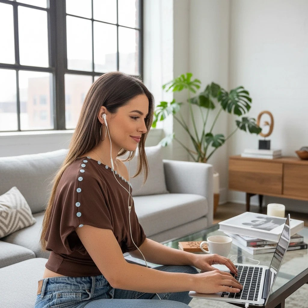 ZOFIA ATELIER warm brown polyester sleeveless top with button details and defined waistline, worn by a woman working on a laptop.