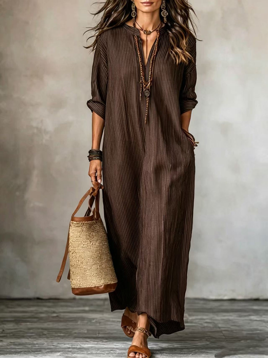 ZOFIA ATELIER Isabella brown striped V-neck polyester loose fit maxi dress with three-quarter sleeves.