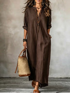 ZOFIA ATELIER Isabella brown striped V-neck polyester loose fit maxi dress with three-quarter sleeves.