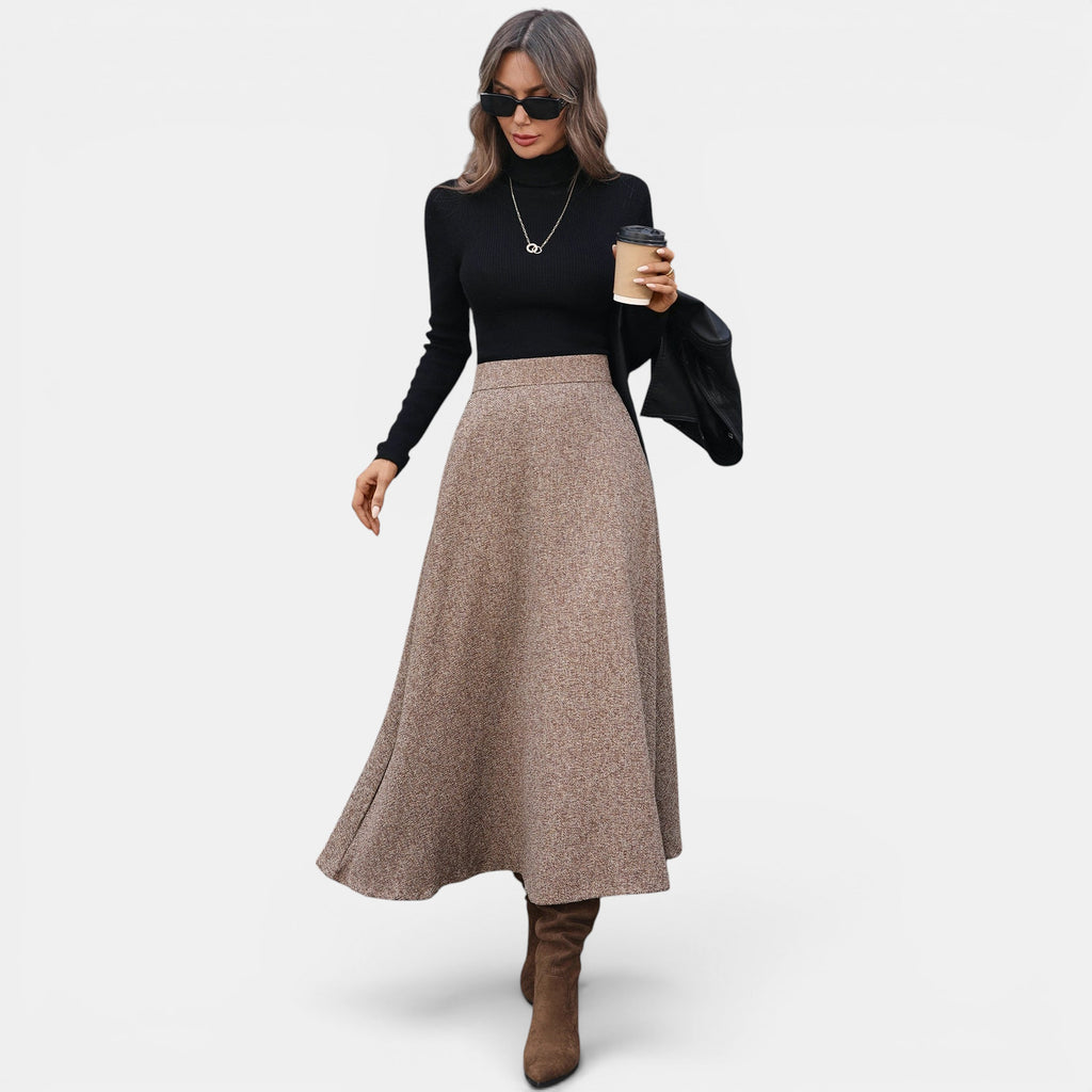 ZOFIA ATELIER brown tweed A-line midi skirt with a flattering fit and fluid drape, made of polyester.