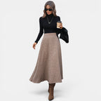 ZOFIA ATELIER brown tweed A-line midi skirt with a flattering fit and fluid drape, made of polyester.