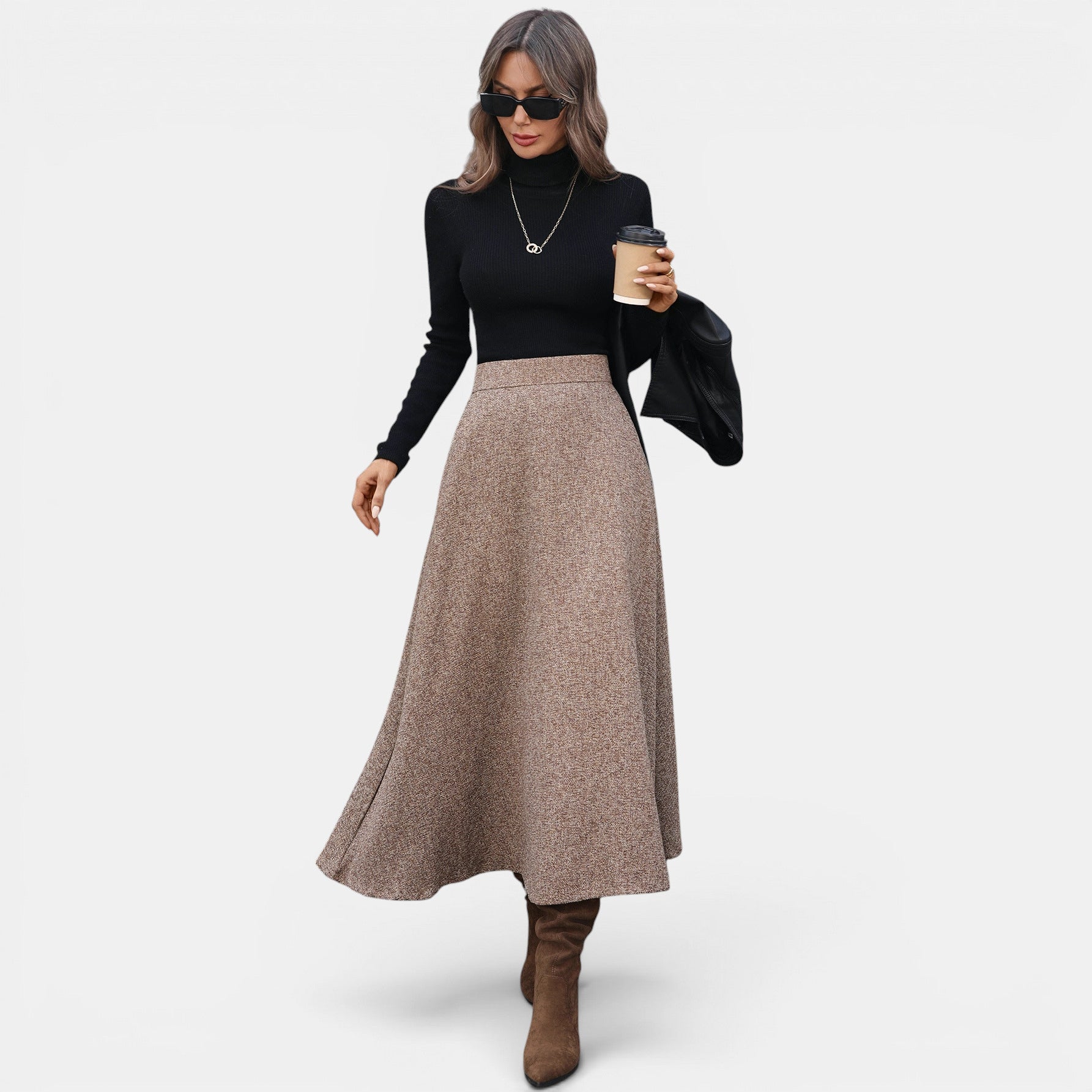 ZOFIA ATELIER brown tweed A-line midi skirt with a flattering fit and fluid drape, made of polyester.
