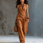 ZOFIA ATELIER brown V-neck sleeveless wrap top and wide-leg trousers set. Polyester knit.