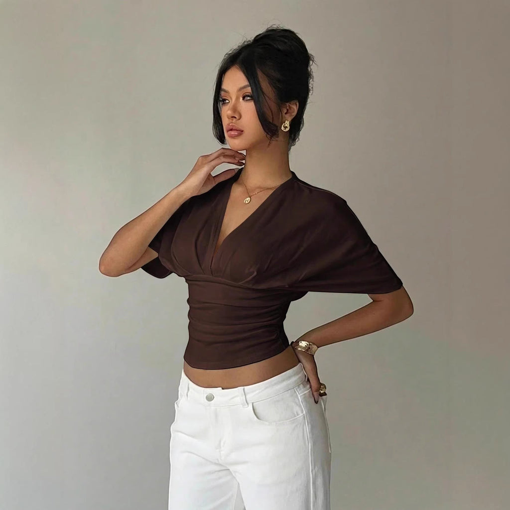 ZOFIA ATELIER brown polyester deep V-neck short-sleeve slim fit t-shirt
