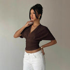 ZOFIA ATELIER brown polyester deep V-neck short-sleeve slim fit t-shirt