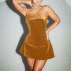 ZOFIA ATELIER brown velvet tube-top A-line mini dress with a satin band at the bust.