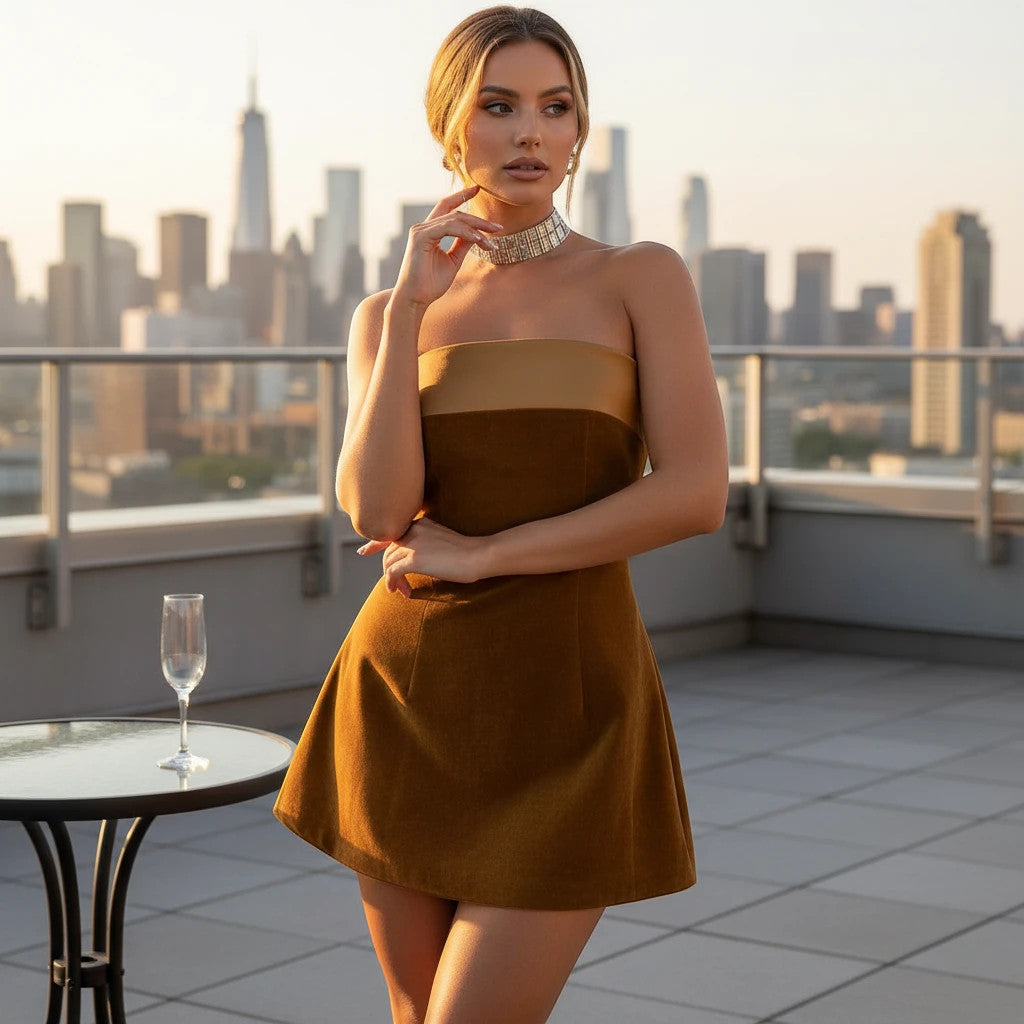 ZOFIA ATELIER brown velvet tube-top A-line mini dress with gold band detail. Sleeveless, zipper closure.