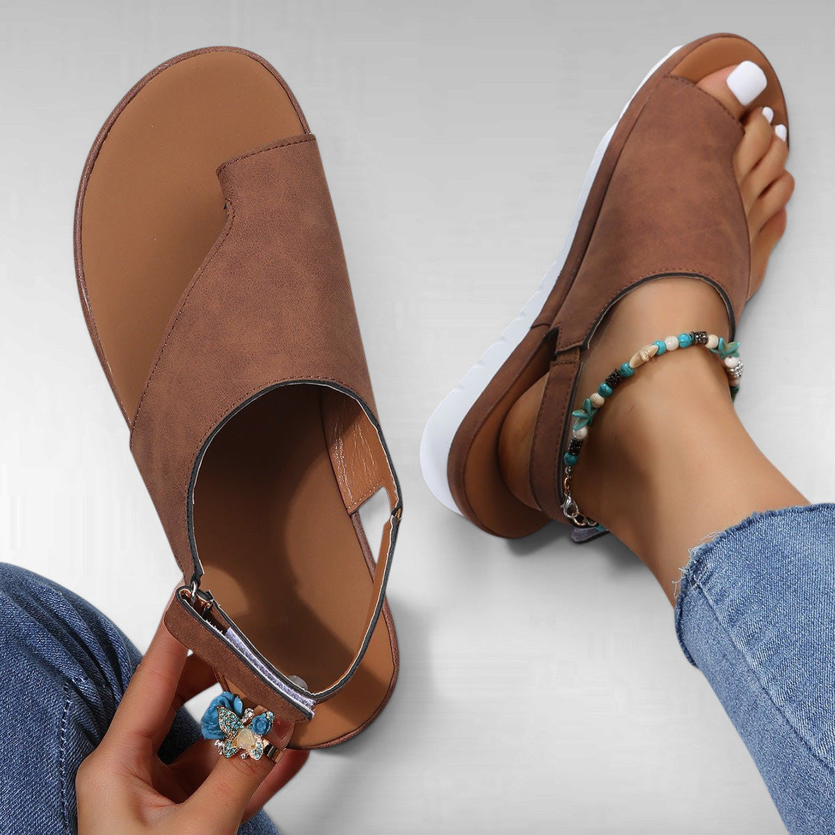 ZOFIA ATELIER brown PU casual women's sandals with round toe and buckle closure, lightweight and breathable.