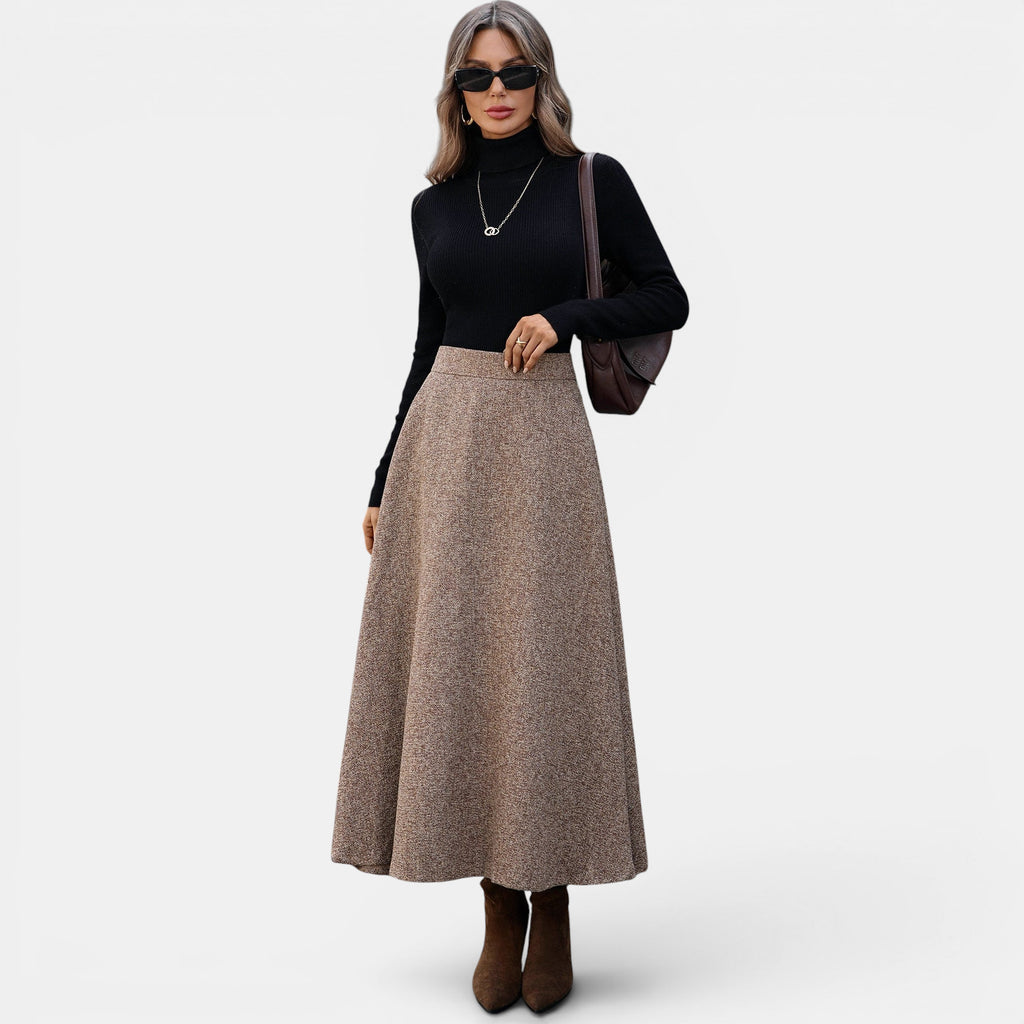 ZOFIA ATELIER brown A-line wool blend midi skirt with a flattering drape and non-stretch fit.