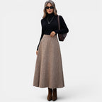 ZOFIA ATELIER brown A-line wool blend midi skirt with a flattering drape and non-stretch fit.