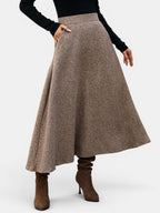 ZOFIA ATELIER brown wool blend A-line midi skirt with pockets and a flattering drape.