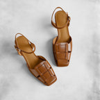 ZOFIA ATELIER brown woven leather square toe mid-heel shoes with ankle strap