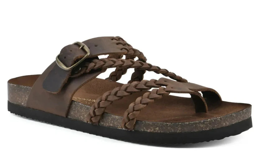 ZOFIA ATELIER brown woven strappy flat sandals with an adjustable buckle and comfortable low-top sole.