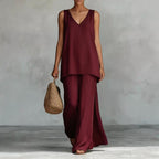 ZOFIA ATELIER burgundy V-neck sleeveless vest and wide-leg pants set, lightweight fabric, bohemian style.