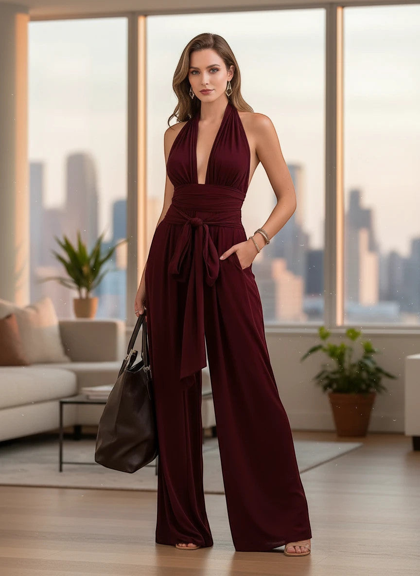 ZOFIA ATELIER burgundy polyester halter-neck wide-leg jumpsuit with tie waist and deep V-neck.