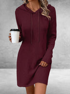 ZOFIA ATELIER burgundy long sleeve hooded polyester knit dress with drawstring detail