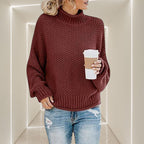 ZOFIA ATELIER ANNA chunky knit turtleneck sweater in burgundy, with relaxed fit and long sleeves.